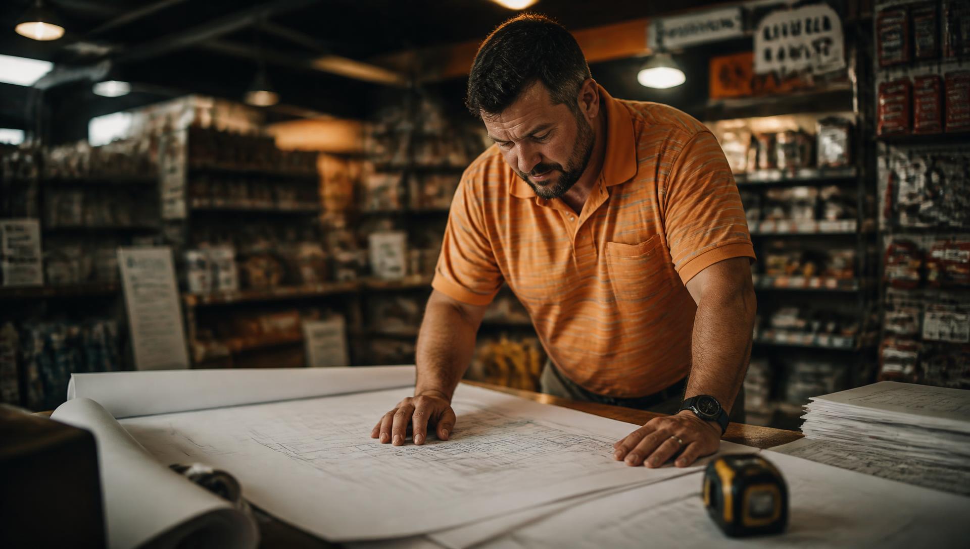 Profissional analisando projeto no balcão do Armazém Sabiá